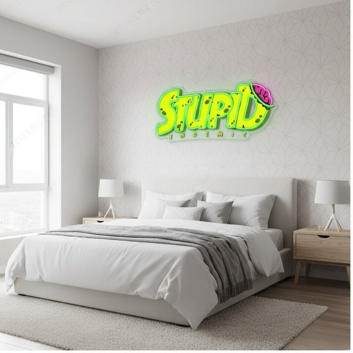 Stupid Endemic UV printed LED neon sign by Neon.Shop glowing on a wall as bold and edgy modern neon décor