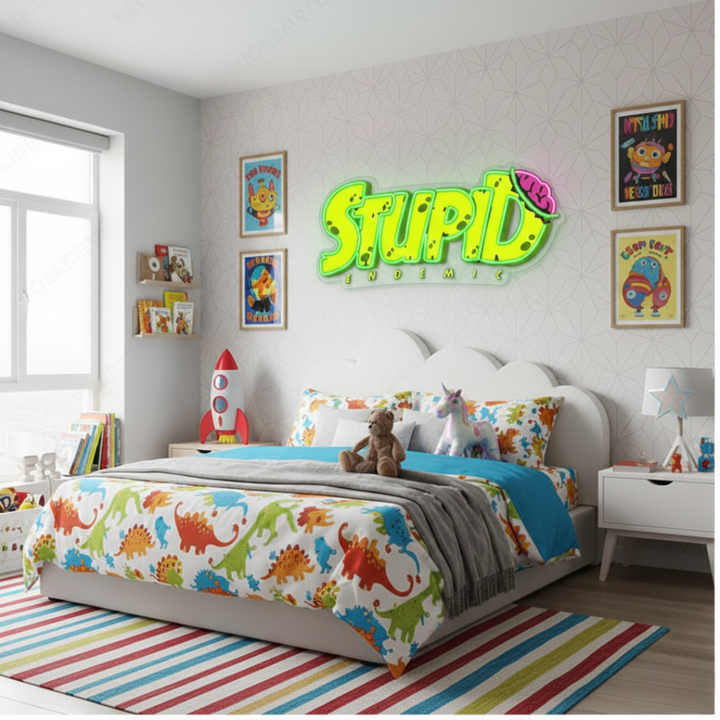 Stupid Endemic UV printed LED neon sign by Neon.Shop glowing on a wall as bold and edgy modern neon décor