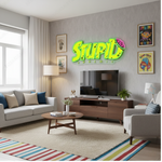 Stupid Endemic UV printed LED neon sign by Neon.Shop glowing on a wall as bold and edgy modern neon décor