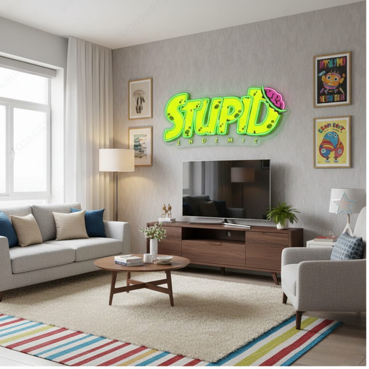 Stupid Endemic UV printed LED neon sign by Neon.Shop glowing on a wall as bold and edgy modern neon décor