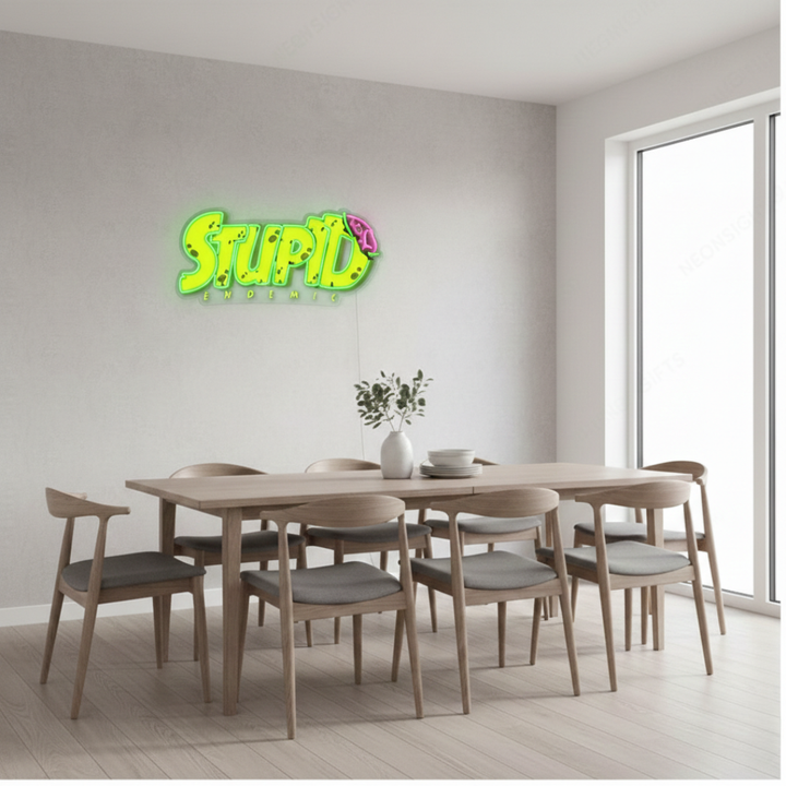 Stupid Endemic UV printed LED neon sign by Neon.Shop glowing on a wall as bold and edgy modern neon décor