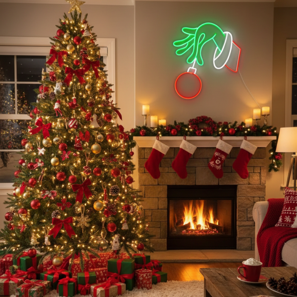 The Grinch Stealing Christmas Neon Sign by Neon.Shop featuring glowing Grinch design and festive colors for holiday décor.