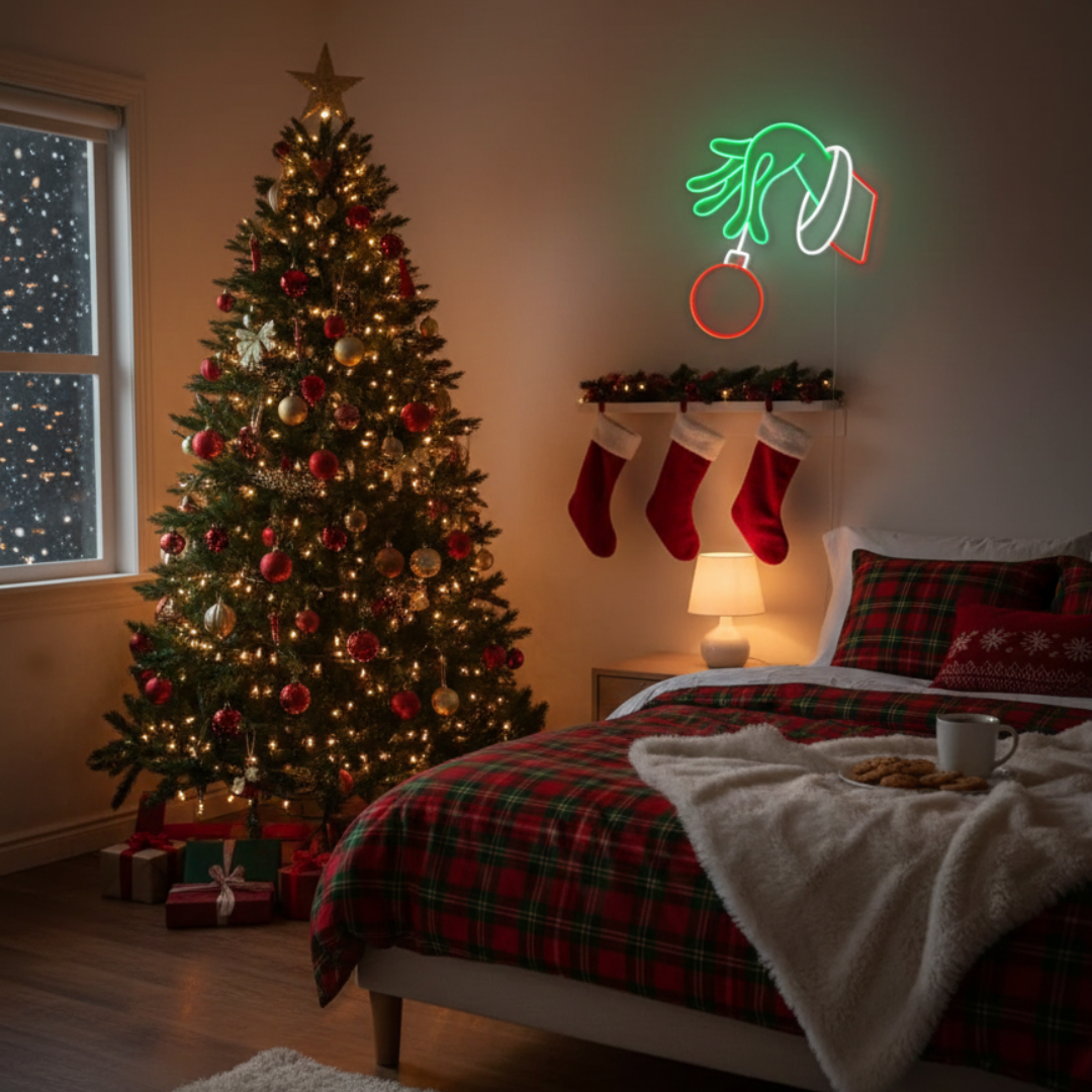 The Grinch Stealing Christmas Neon Sign by Neon.Shop featuring glowing Grinch design and festive colors for holiday décor.