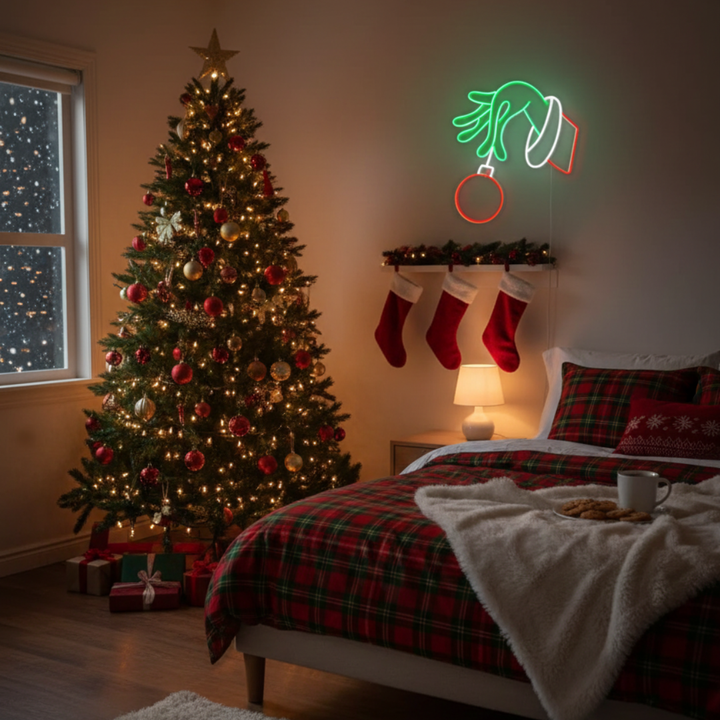 The Grinch Stealing Christmas Neon Sign by Neon.Shop featuring glowing Grinch design and festive colors for holiday décor.