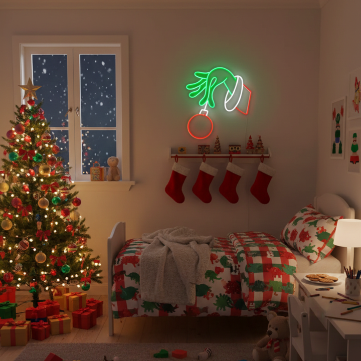 The Grinch Stealing Christmas Neon Sign by Neon.Shop featuring glowing Grinch design and festive colors for holiday décor.