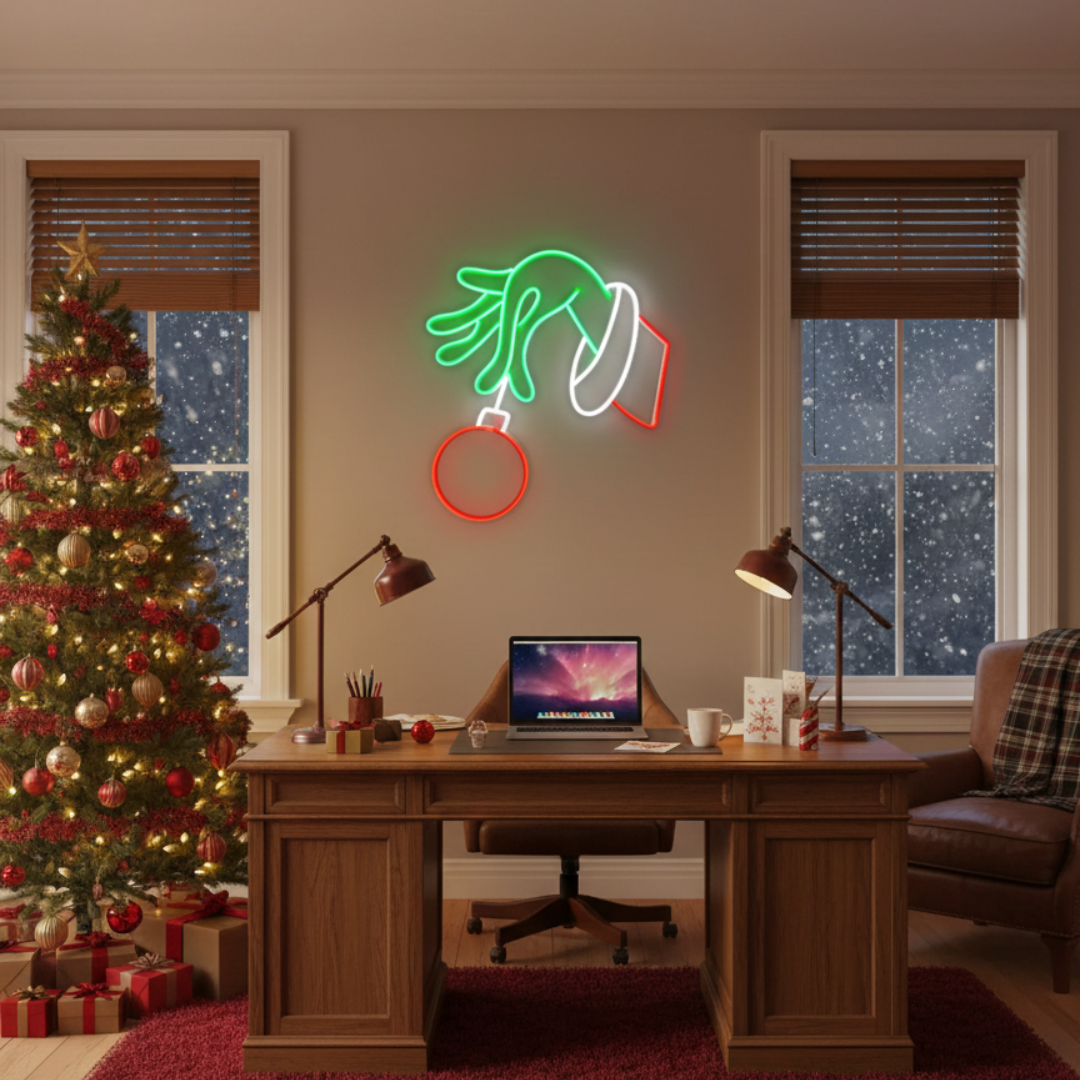 The Grinch Stealing Christmas Neon Sign by Neon.Shop featuring glowing Grinch design and festive colors for holiday décor.