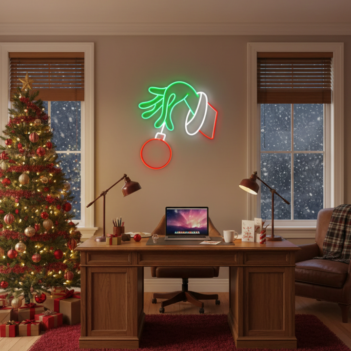The Grinch Stealing Christmas Neon Sign by Neon.Shop featuring glowing Grinch design and festive colors for holiday décor.