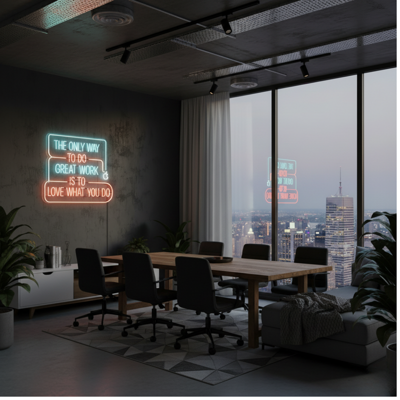 The Only Way To Do Great Work Is to Love What You Do” Motivational Neon Sign by Neon.Shop – LED wall décor for inspiration and creativity.