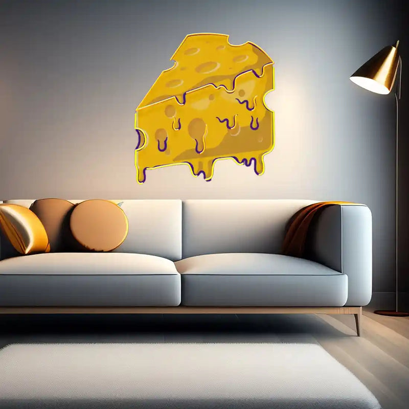 Thick Cheese Slice UV Art LED Neon Sign with vibrant UV art glow, playful food-themed LED wall décor by Neon.Shop