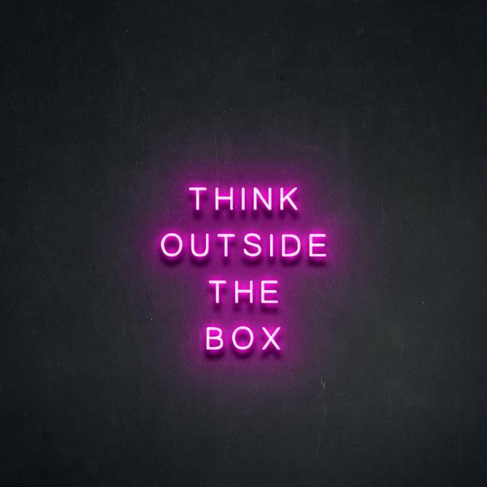Think Outside The Box motivational LED neon sign for office, studio, or home workspace by Neon.Shop.