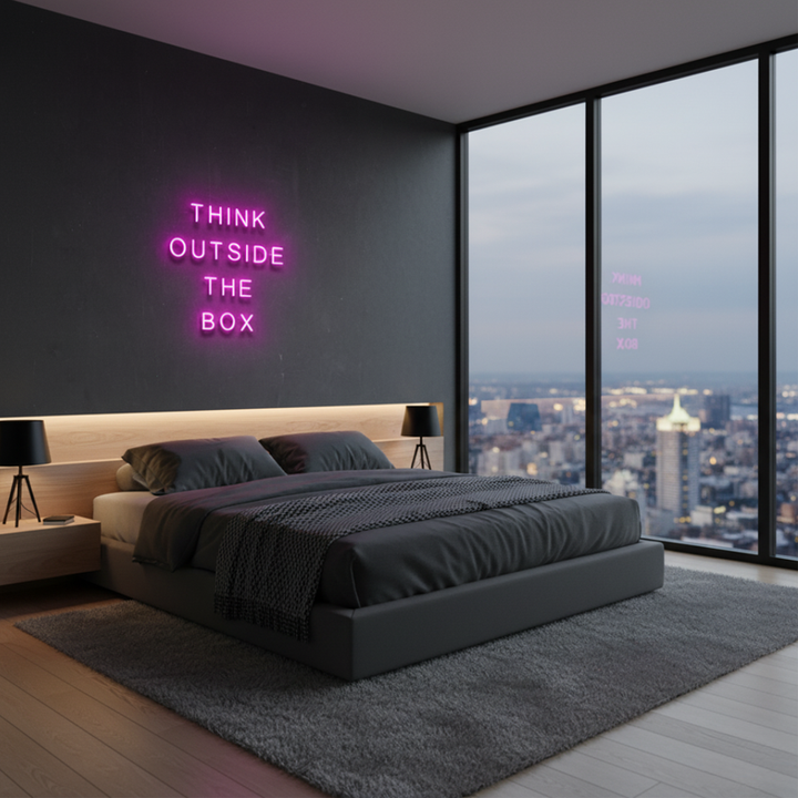 Think Outside The Box motivational LED neon sign for office, studio, or home workspace by Neon.Shop.