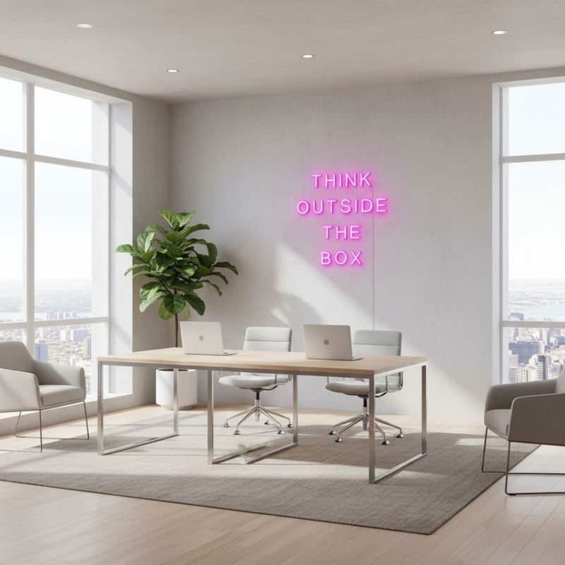 Think Outside The Box motivational LED neon sign for office, studio, or home workspace by Neon.Shop.