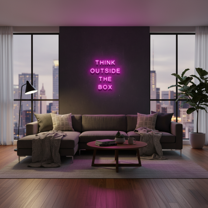 Think Outside The Box motivational LED neon sign for office, studio, or home workspace by Neon.Shop.