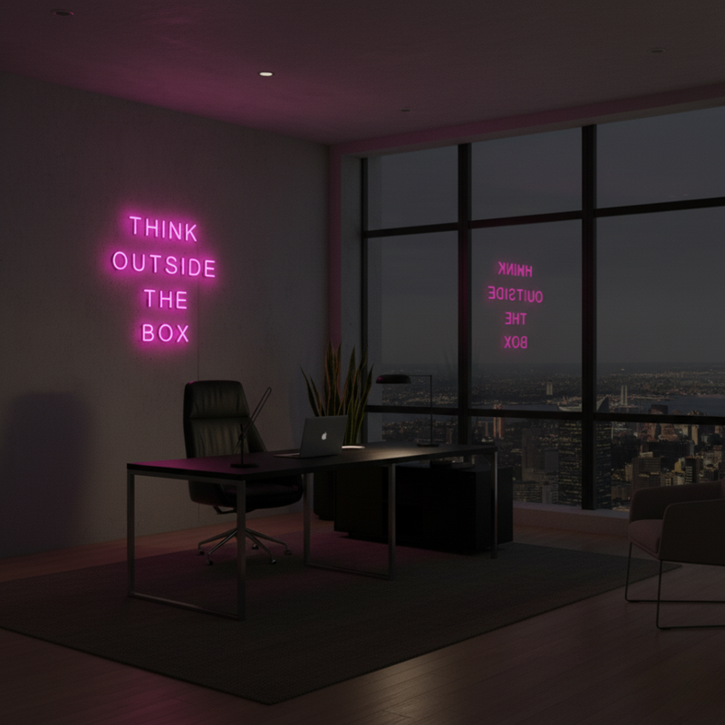 Think Outside The Box motivational LED neon sign for office, studio, or home workspace by Neon.Shop.