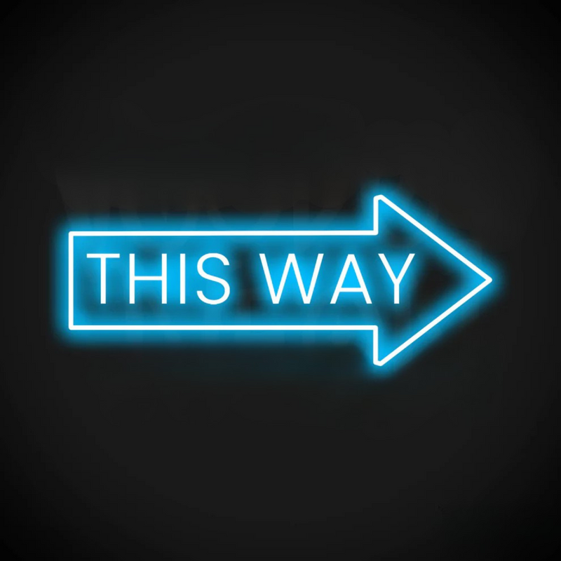 This Way Arrow Business Neon Sign by Neon.Shop pointing to a shop entrance