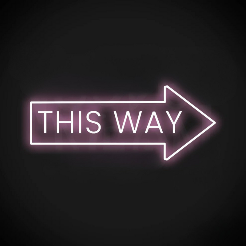 This Way Arrow Business Neon Sign by Neon.Shop pointing to a shop entrance