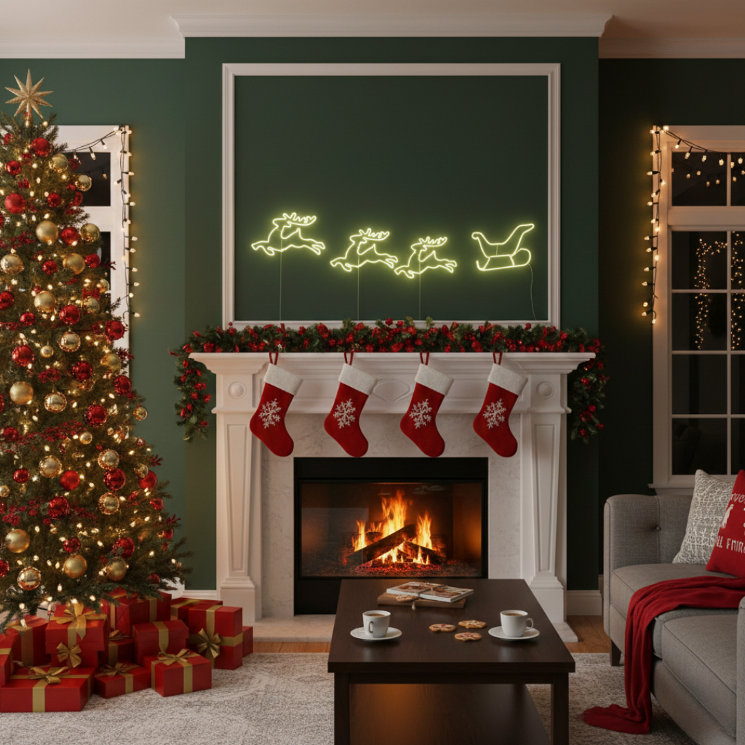 Three Reindeer and Sleigh Merry Christmas LED neon sign for holiday décor by Neon.Shop.