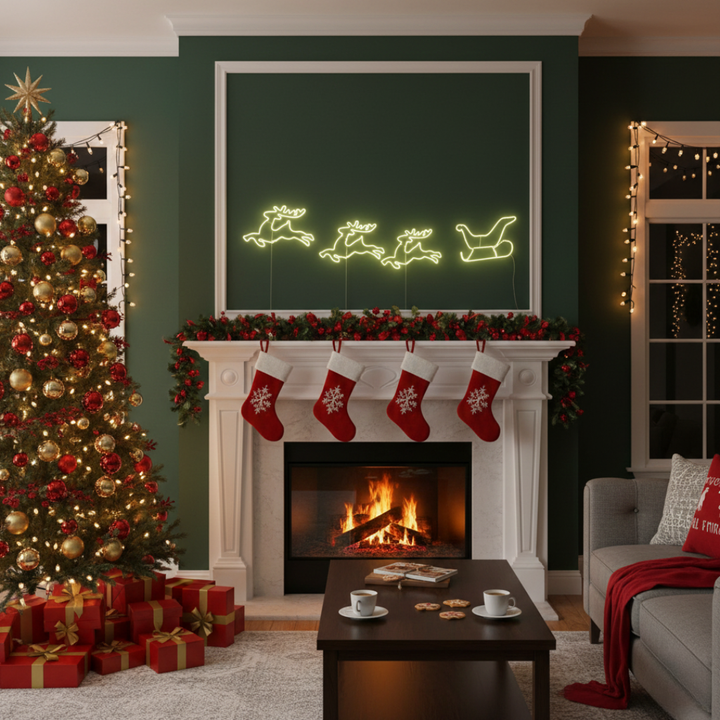 Three Reindeer and Sleigh Merry Christmas LED neon sign for holiday décor by Neon.Shop.
