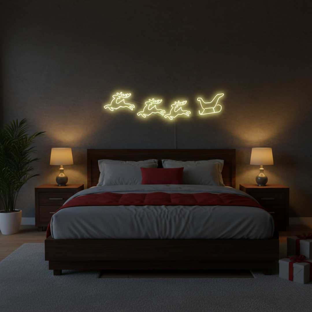 Three Reindeer and Sleigh Merry Christmas LED neon sign for holiday décor by Neon.Shop.