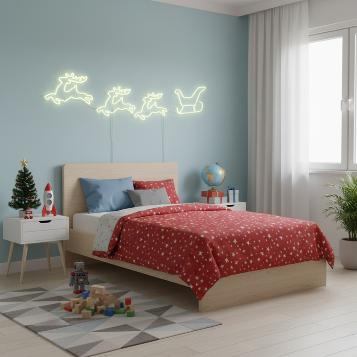 Three Reindeer and Sleigh Merry Christmas LED neon sign for holiday décor by Neon.Shop.