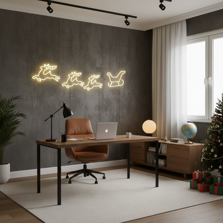 Three Reindeer and Sleigh Merry Christmas LED neon sign for holiday décor by Neon.Shop.