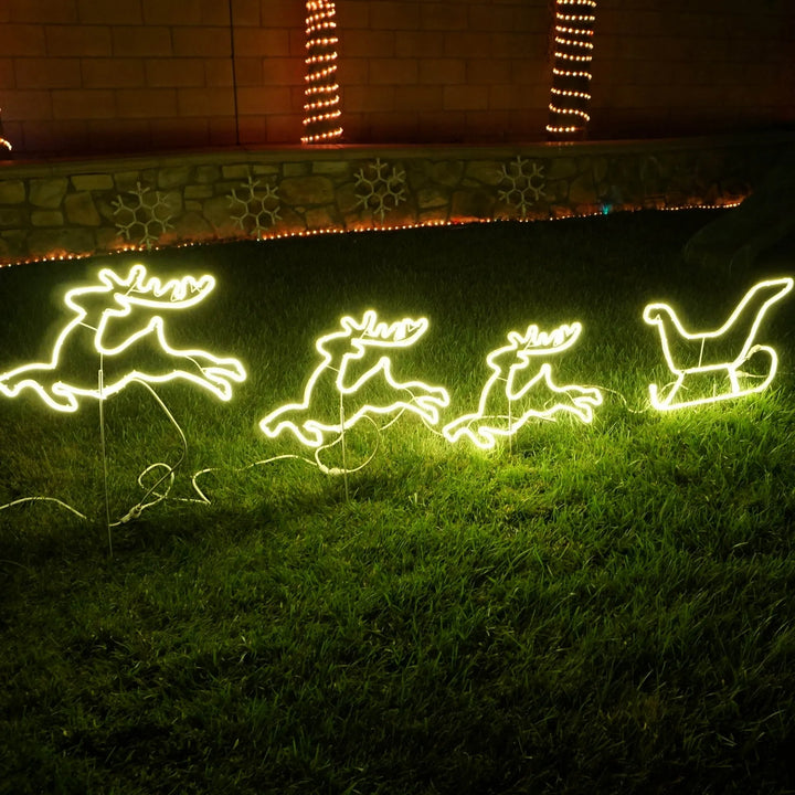 Three Reindeer and Sleigh Merry Christmas LED neon sign for holiday décor by Neon.Shop.