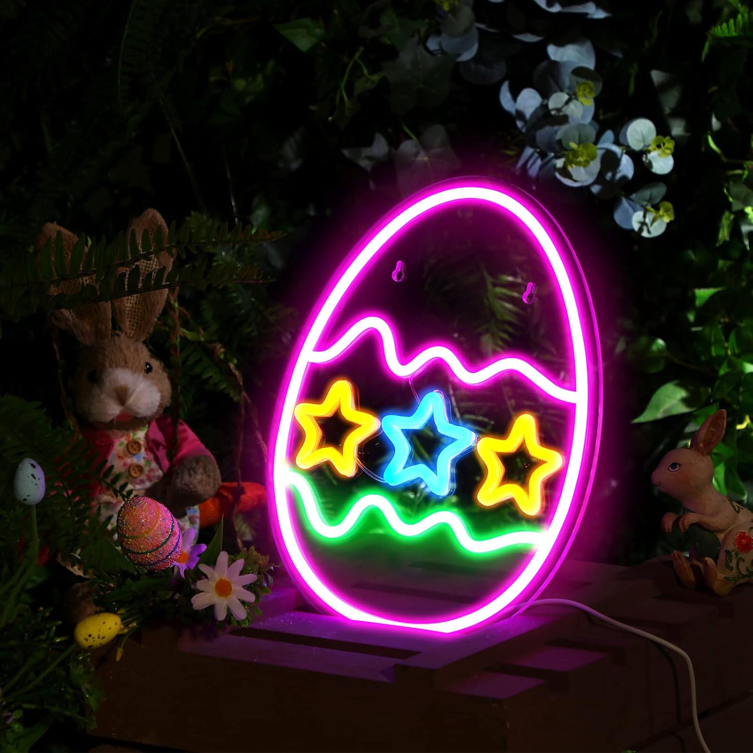 Three Star Easter Egg LED neon sign by Neon.Shop, featuring three glowing Easter eggs with star accents, perfect for home walls.