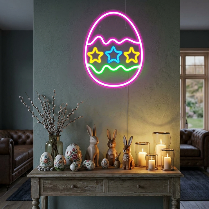 Three Star Easter Egg LED neon sign by Neon.Shop, featuring three glowing Easter eggs with star accents, perfect for home walls.