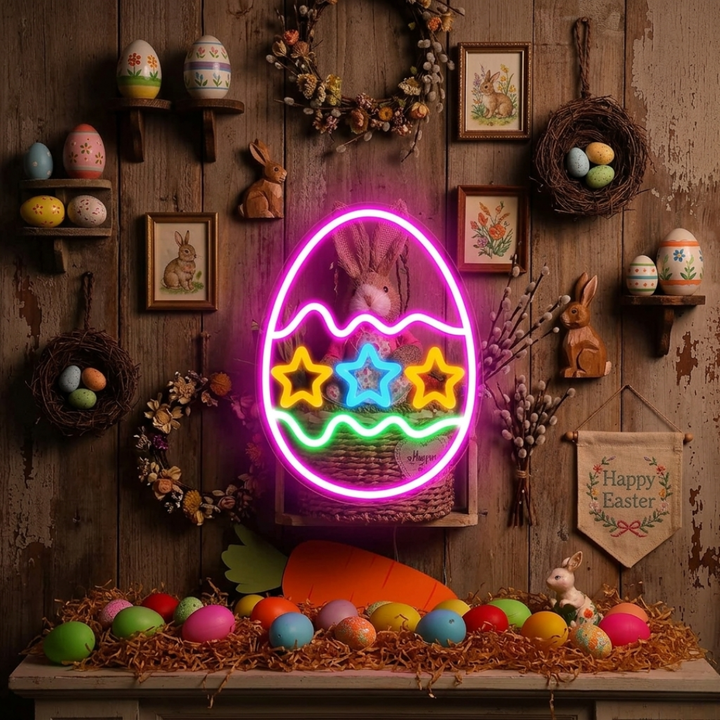 Three Star Easter Egg LED neon sign by Neon.Shop, featuring three glowing Easter eggs with star accents, perfect for home walls.