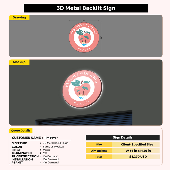 3D Metal Backlit Sign for Tim Pryor