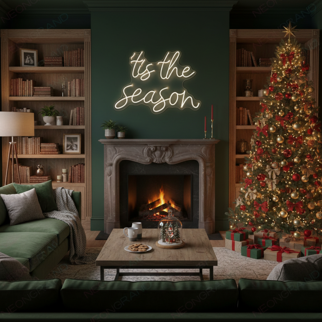 Tis The Season Merry Christmas Neon Sign by Neon.Shop glowing in LED light with festive lettering design.