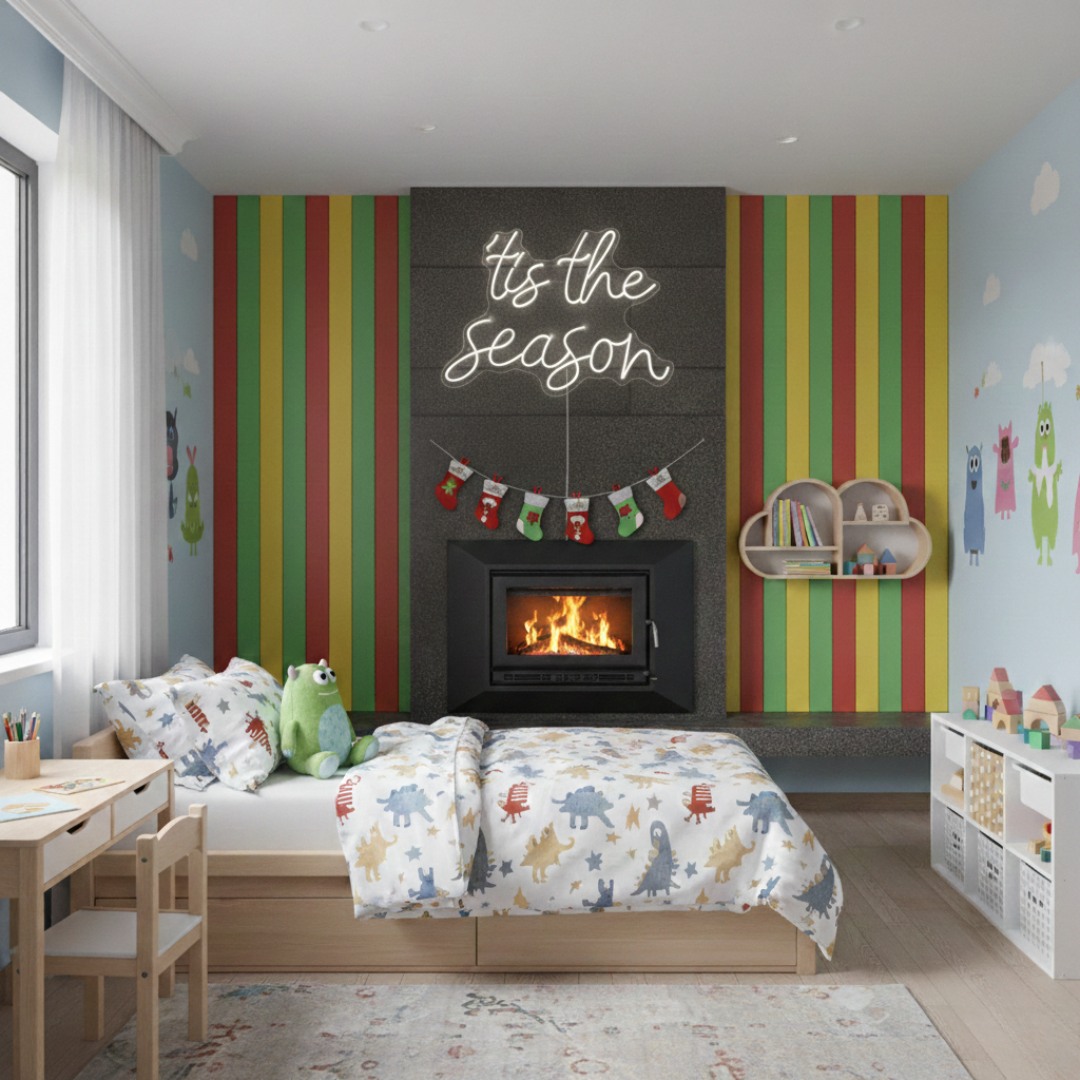 Tis The Season Merry Christmas Neon Sign by Neon.Shop glowing in LED light with festive lettering design.