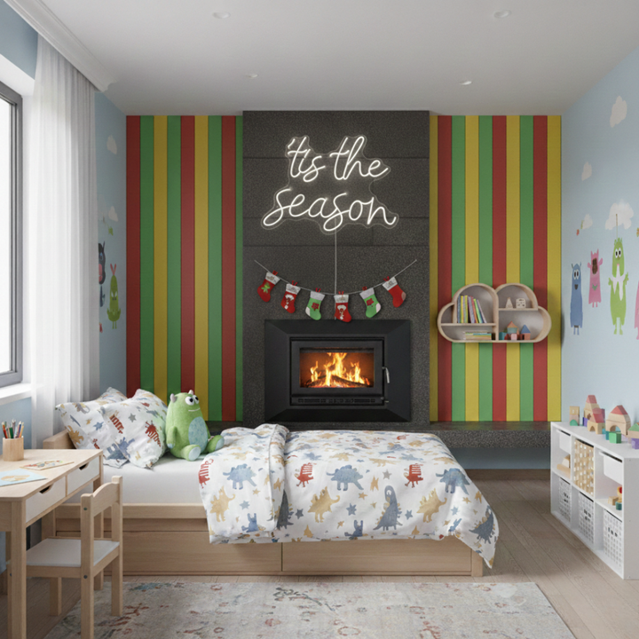 Tis The Season Merry Christmas Neon Sign by Neon.Shop glowing in LED light with festive lettering design.