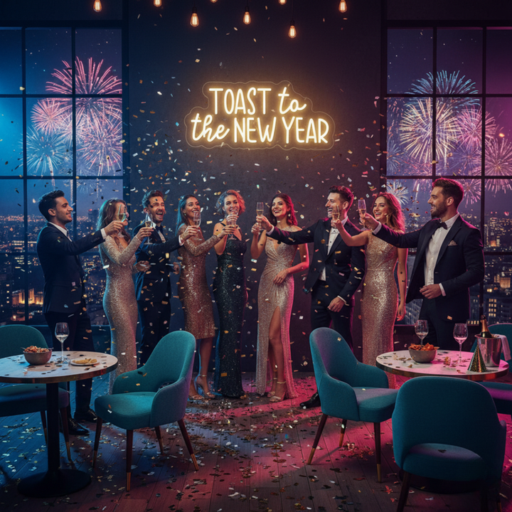 'Toast to the New Year' LED neon sign in a warm gold script font by Neon.Shop.