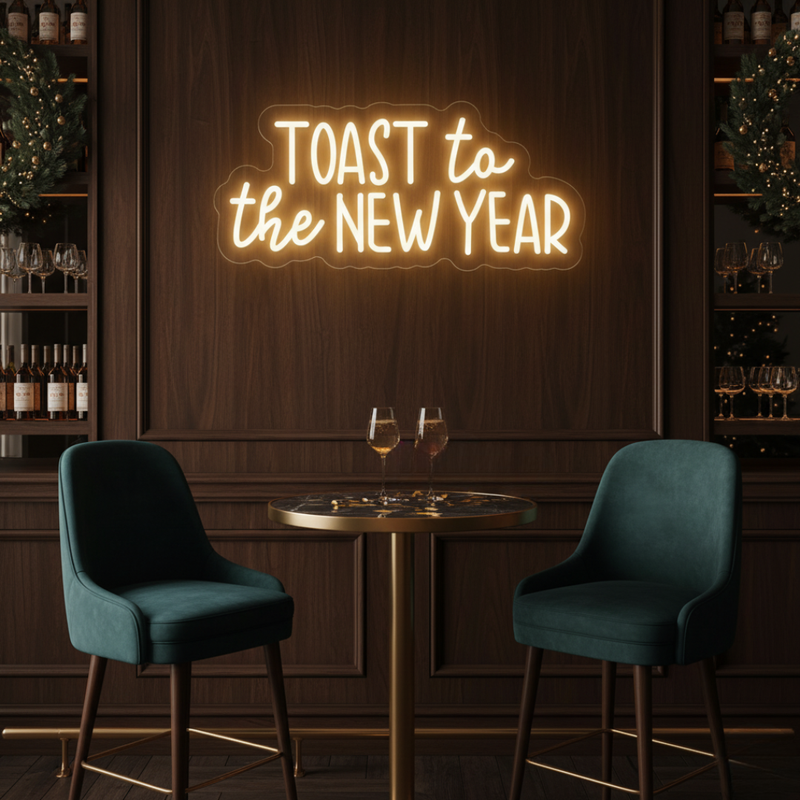 'Toast to the New Year' LED neon sign in a warm gold script font by Neon.Shop.