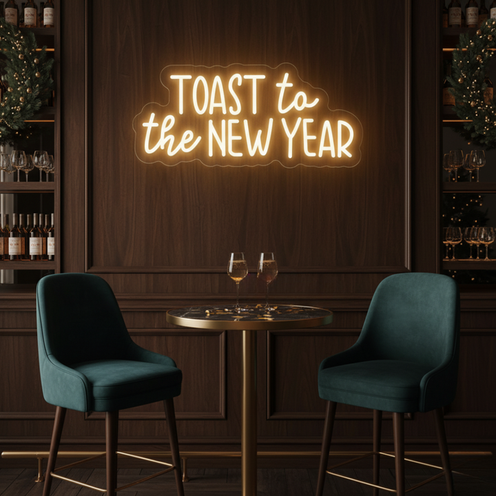 'Toast to the New Year' LED neon sign in a warm gold script font by Neon.Shop.