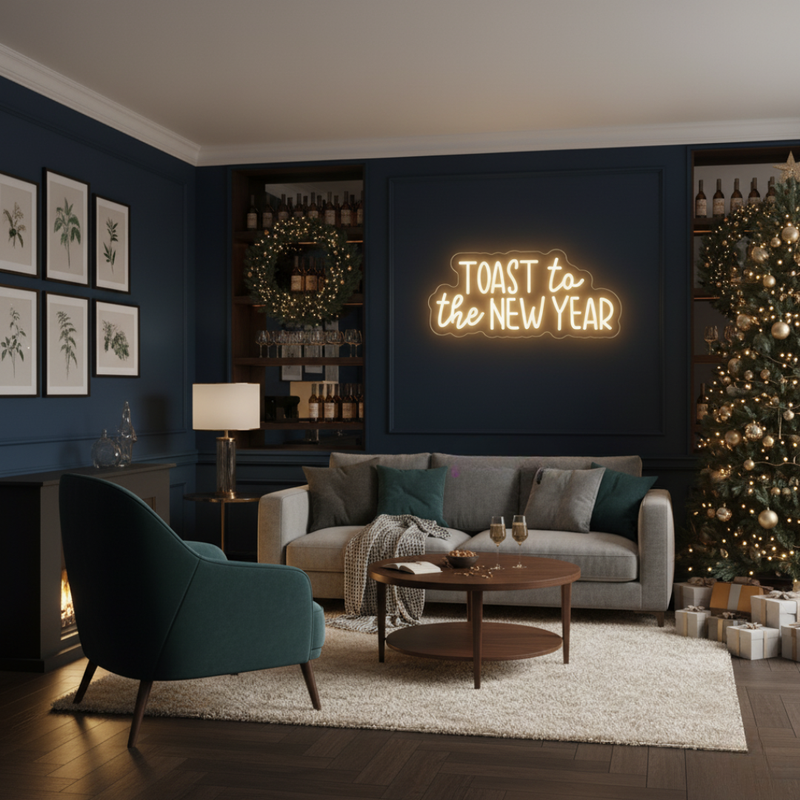 'Toast to the New Year' LED neon sign in a warm gold script font by Neon.Shop.