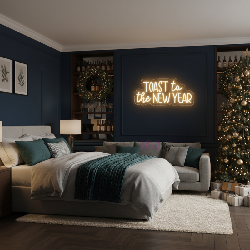 'Toast to the New Year' LED neon sign in a warm gold script font by Neon.Shop.
