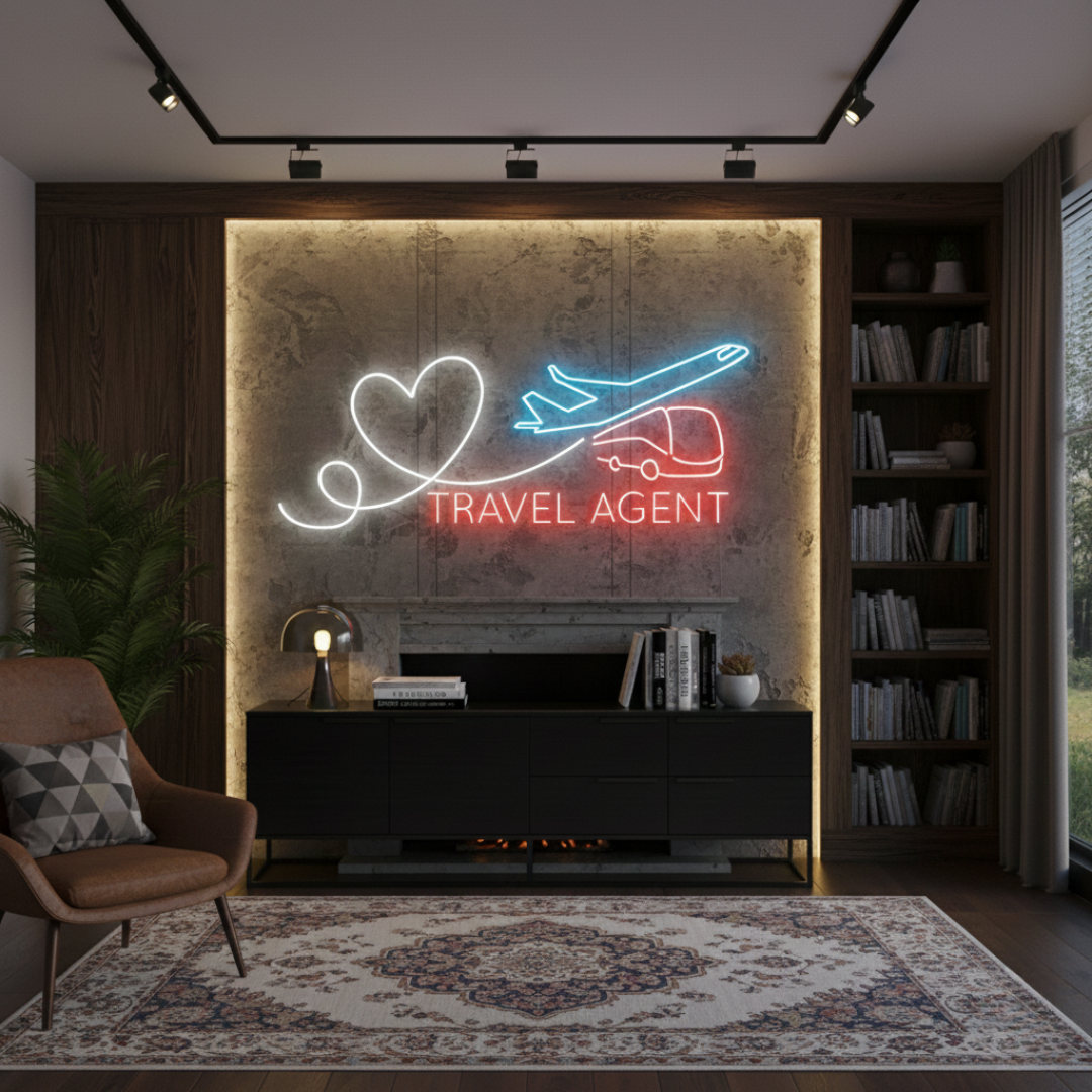 Travel Agent Business Neon Sign by Neon.Shop glowing above a travel agency entrance, attracting clients day and night