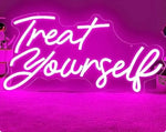 Treat Yourself LED neon sign glowing brightly, perfect for bedrooms, beauty rooms, vanity areas, and stylish home décor by Neon.Shop