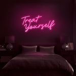 Treat Yourself LED neon sign glowing brightly, perfect for bedrooms, beauty rooms, vanity areas, and stylish home décor by Neon.Shop