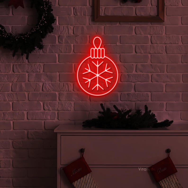 Tree Ornament Merry Christmas Neon Sign by Neon.Shop featuring glowing Christmas ornament design with festive Colors 
