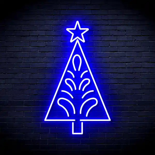 Triangle Tree with a Star Merry Christmas Neon Sign by manhattanneons.com - Brighten your space with this festive neon sign featuring a star-topped tree.