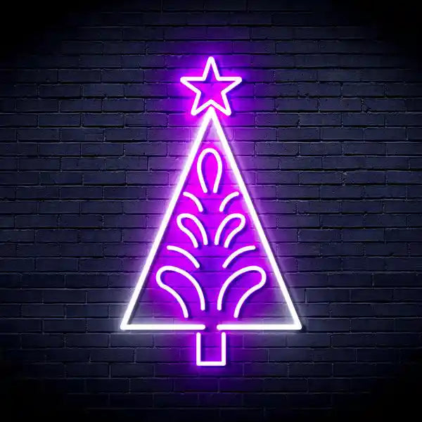 Triangle Tree with a Star Merry Christmas Neon Sign by manhattanneons.com - Brighten your space with this festive neon sign featuring a star-topped tree.