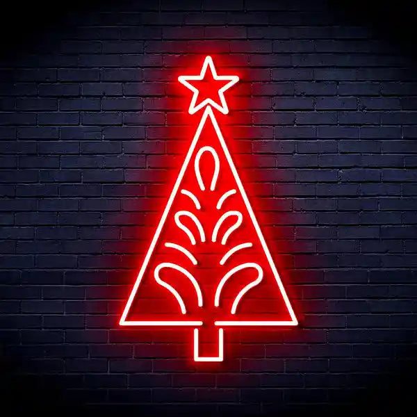 Triangle Tree with a Star Merry Christmas Neon Sign by manhattanneons.com - Brighten your space with this festive neon sign featuring a star-topped tree.