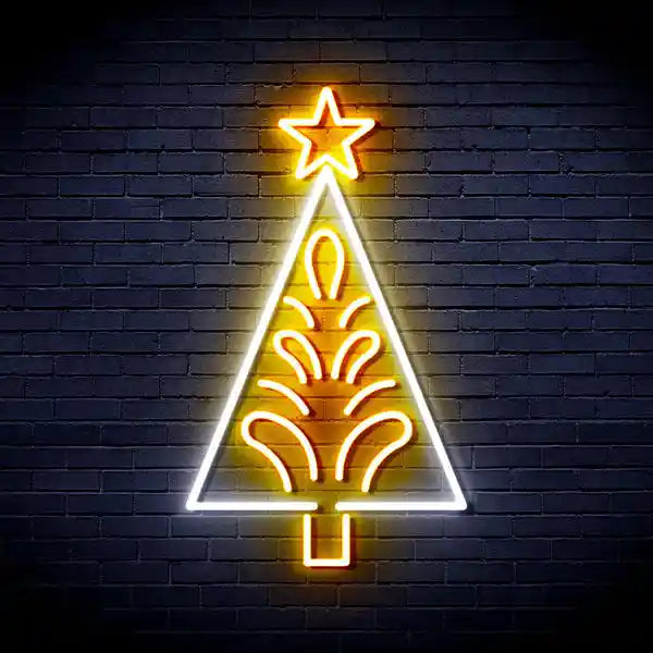 Triangle Tree with a Star Merry Christmas Neon Sign by manhattanneons.com - Brighten your space with this festive neon sign featuring a star-topped tree.