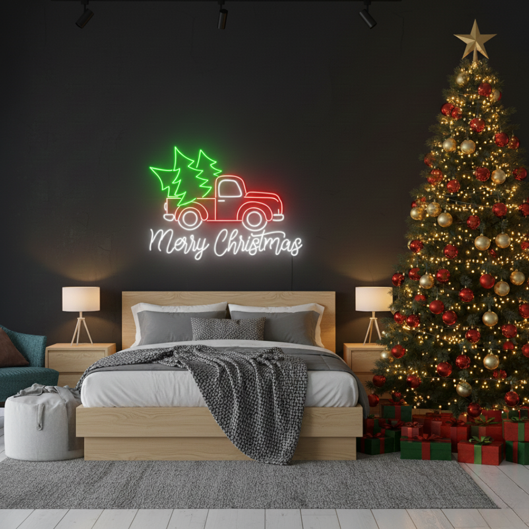 Truck Merry Christmas LED neon sign glowing in festive colors by Neon.Shop.