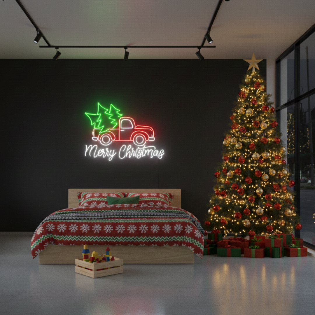 Truck Merry Christmas LED neon sign glowing in festive colors by Neon.Shop.