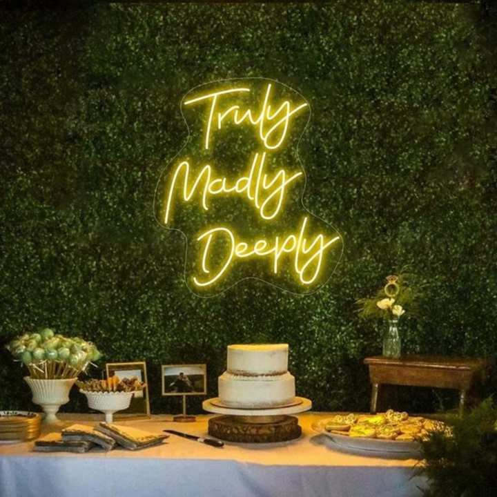 Romantic Truly, Madly, Deeply neon sign for wedding décor by Neon.Shop