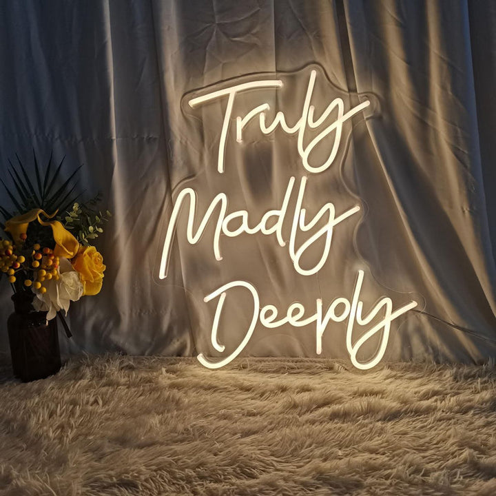 Romantic Truly, Madly, Deeply neon sign for wedding décor by Neon.Shop